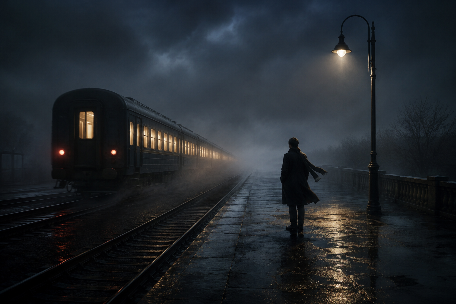 уходящий поезд и человек на платформе как символ упущенного шанса и ожидания перемен